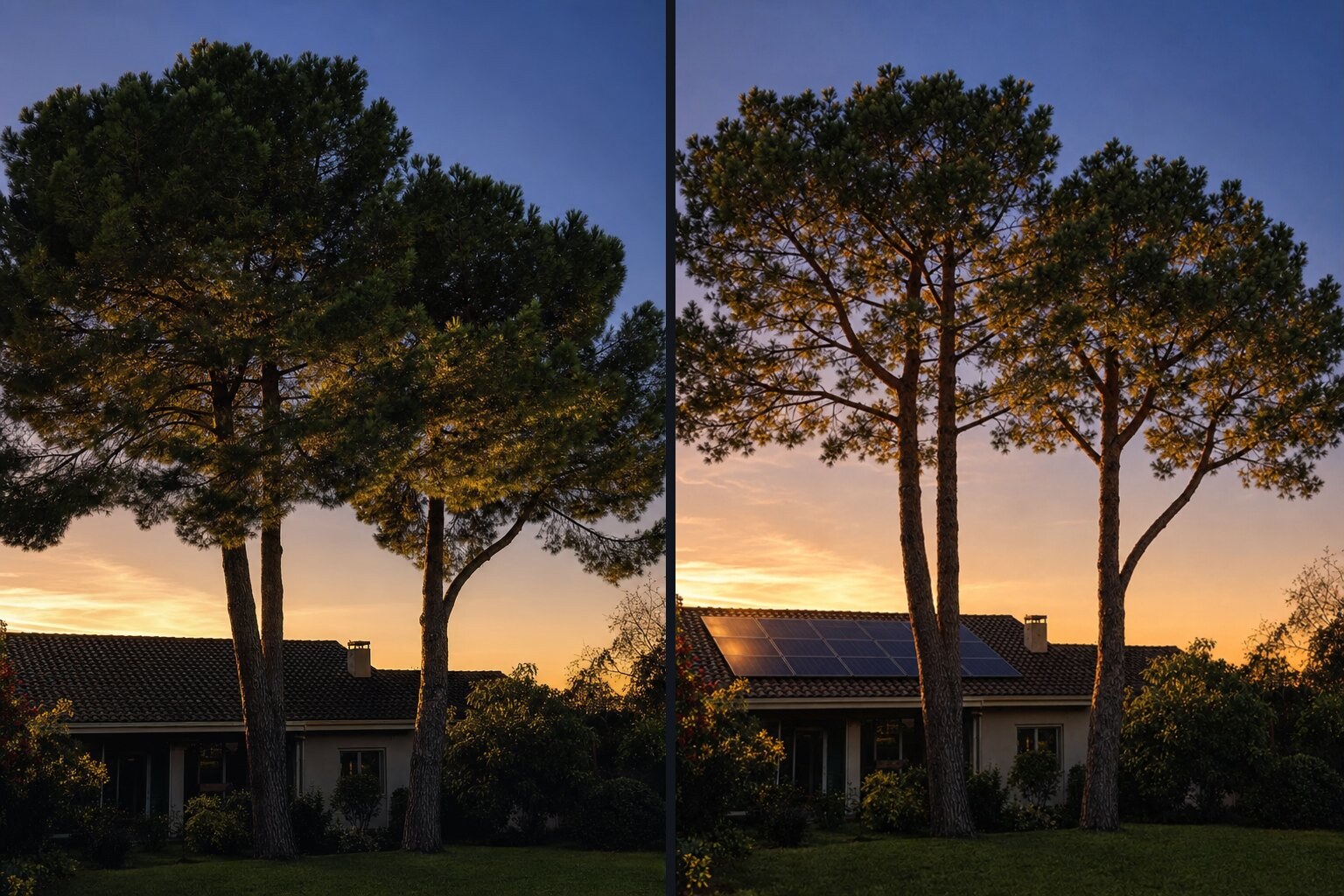 Antes y después de una poda selectiva: los pinos siguen, el techo recibe el sol