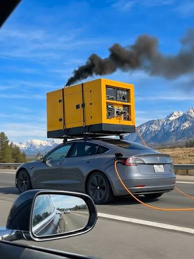 Un auto eléctrico lleva un generador humeante en el techo.