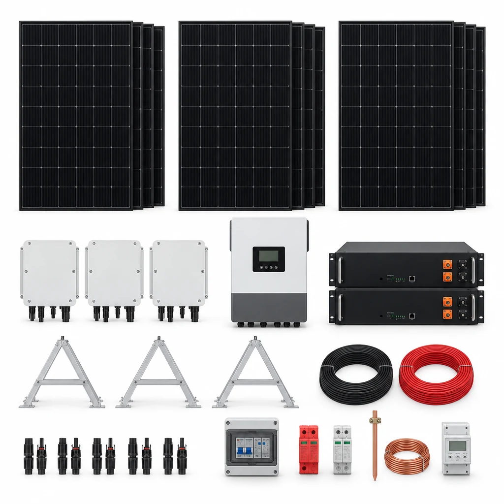 12 Módulo fotovoltaico monocristalino 550 Wp, 144 celdas, 2279×1134×35, 3 Inversor on-grid monofásico 3 kW, 1 MPPT, WiFi, 1 Inversor híbrido monofásico 5 kW, 2 MPPT, 2 Batería de litio LiFePO4 48 V, 5,12 kWh, 6.000 ciclos